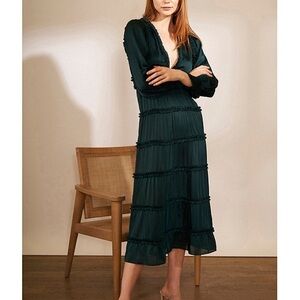 Chelsea & Violet Satin Ruffle Deep V-Neck Long Smocked Cuff Sleeve Maxi Dress